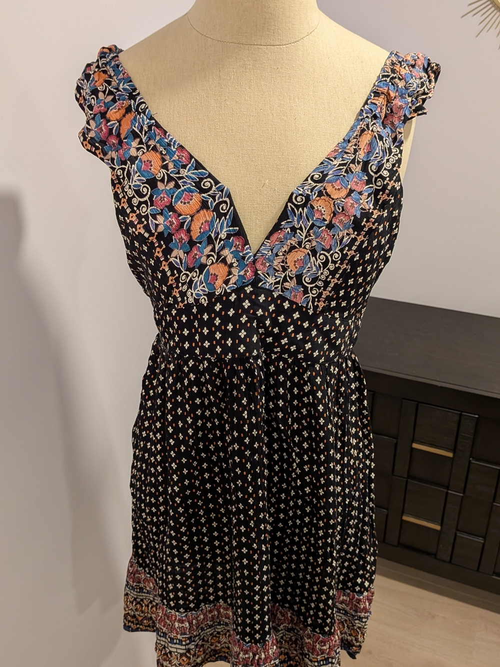 Angie Black Midi Dress with Multicolor Floral Trim